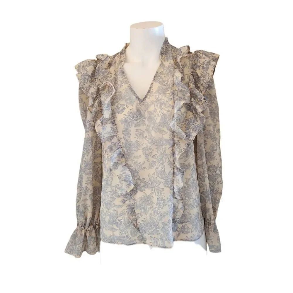 Express women's small blue floral Victorian ruffle long sleeve NWT blouse